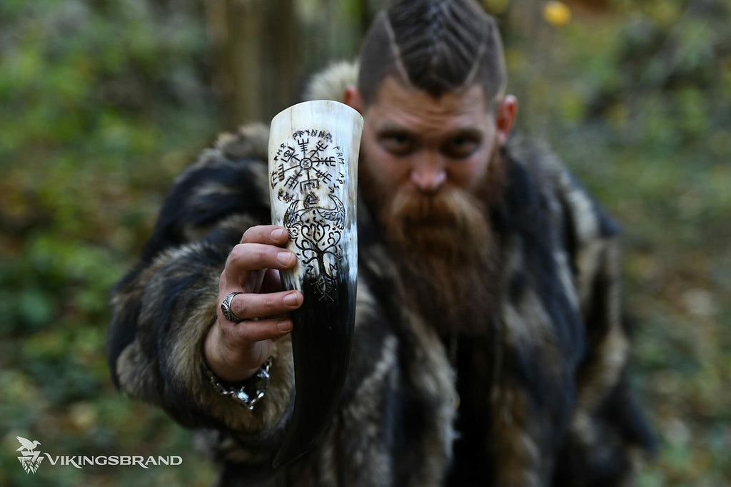 VikingsBrand Handmade Viking Drinking Horn with Stand Vegvisir Yggdrasil 19in