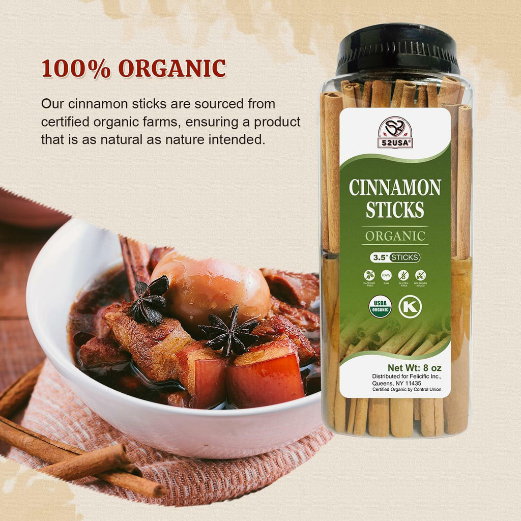 BestBy 7/27 52USA Organic Cinnamon Sticks 8oz USDA Kosher Gluten Free Raw
