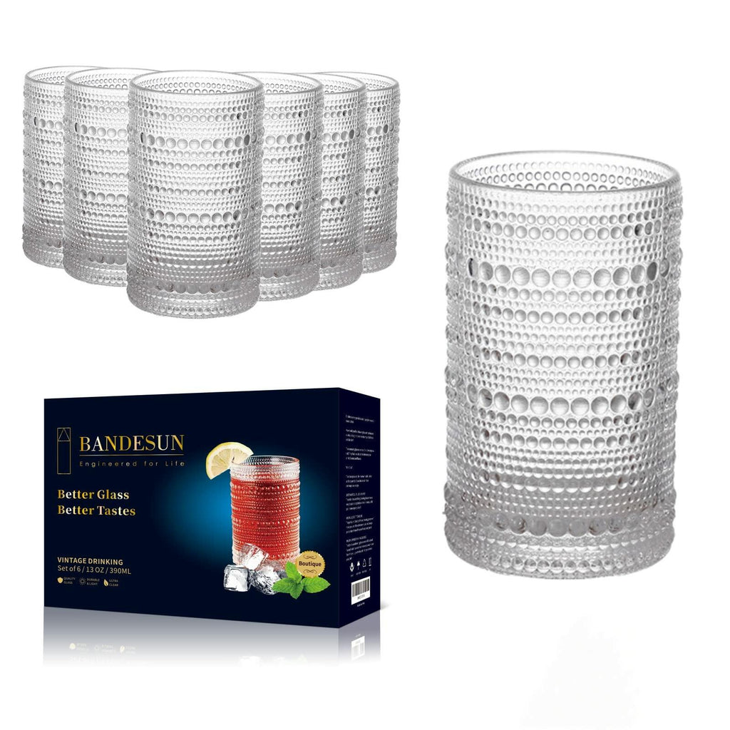 Bandesun Romantic Hobnail Highball Glasses Set of 6 12oz Vintage Clear