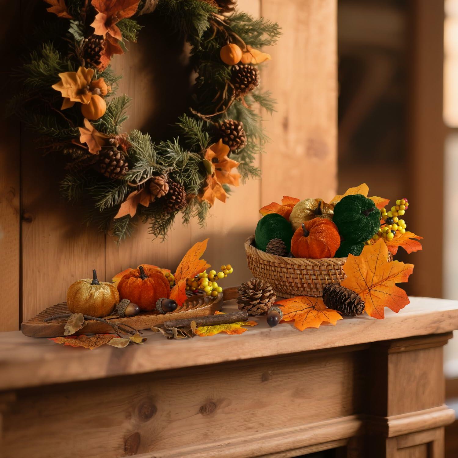 Artmag 25 PCS Fabric Pumpkins Set Fall Decor Maple Leaves Acorns Style 5
