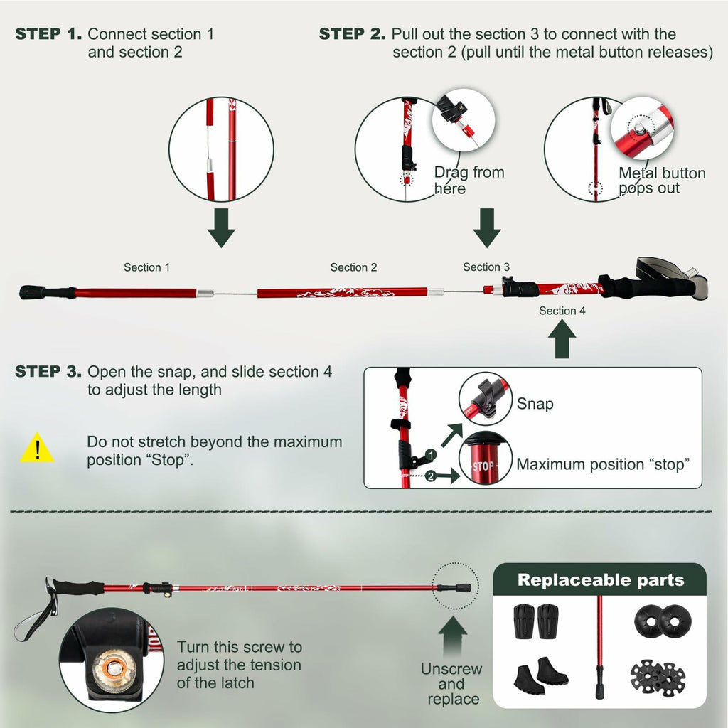 WHDZHSHD Collapsible Trekking Poles Aluminum Adjustable Locks 51in Red 2pc