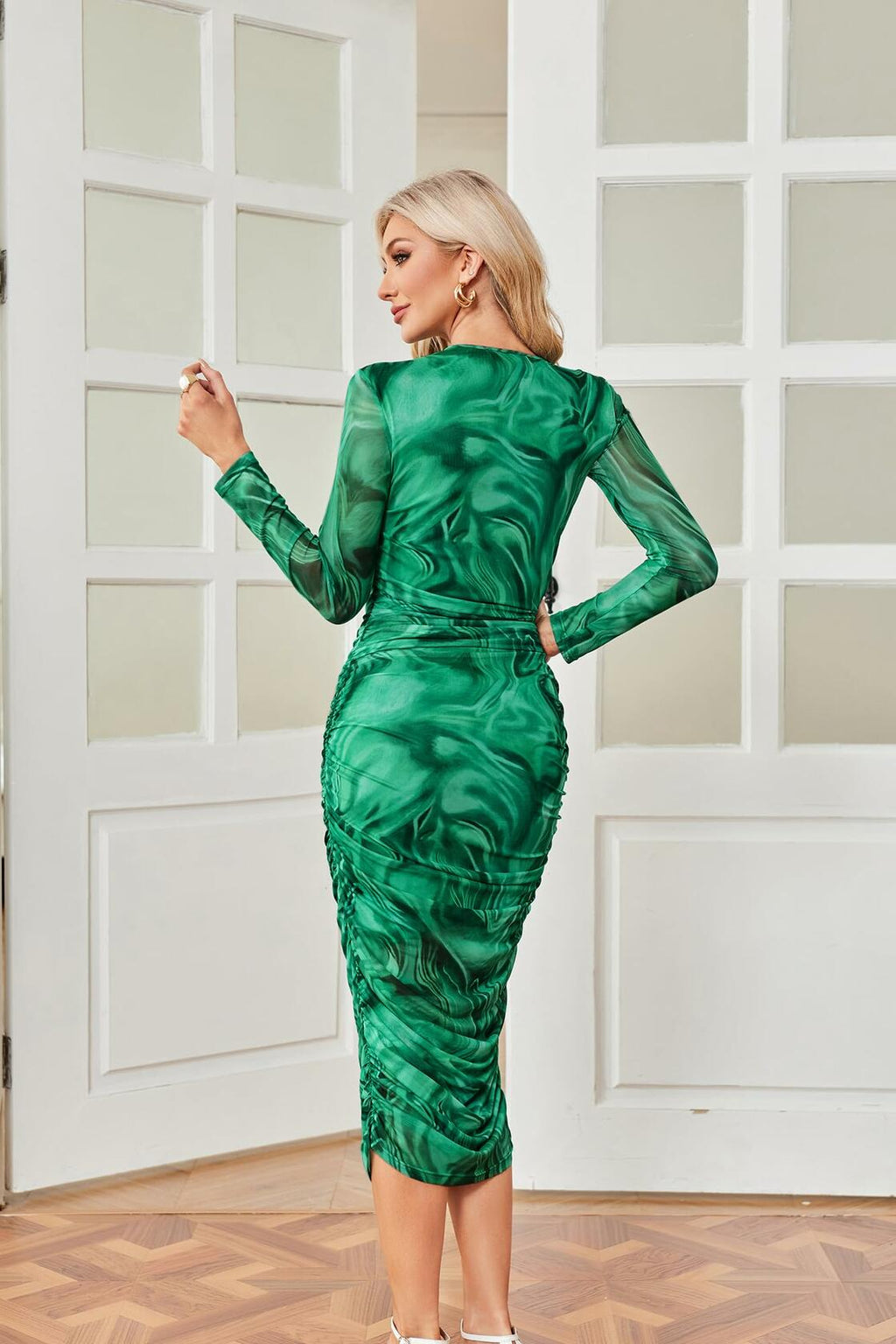 GRACE KARIN Women's Ruched Wrap Bodycon Midi Dress Green Pure Marble Size XL