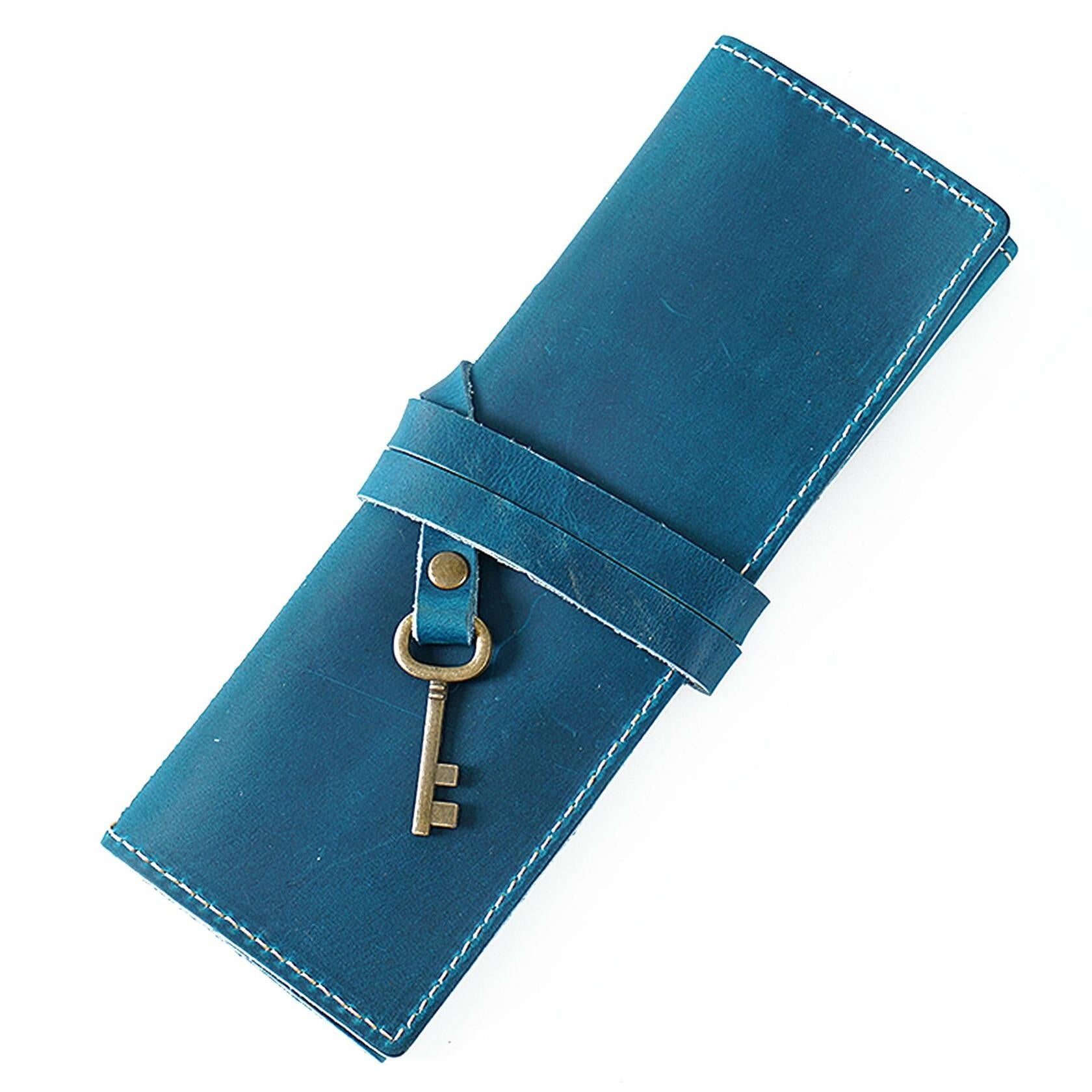 AIGUONIU Genuine Leather Rollup Pencil Case Pouch Wrap Red