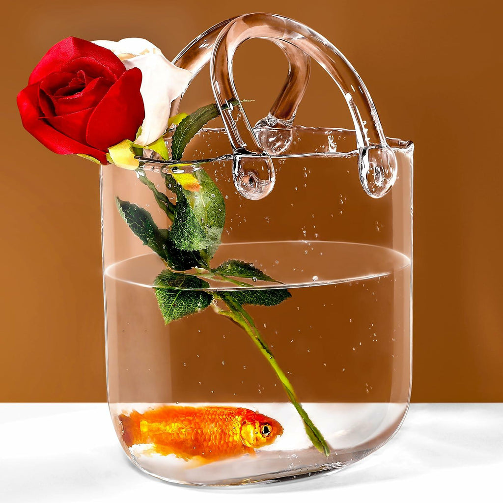 Veri Beond Glass Purse Vase Handmade Clear Transparent Handbag Flower Vase