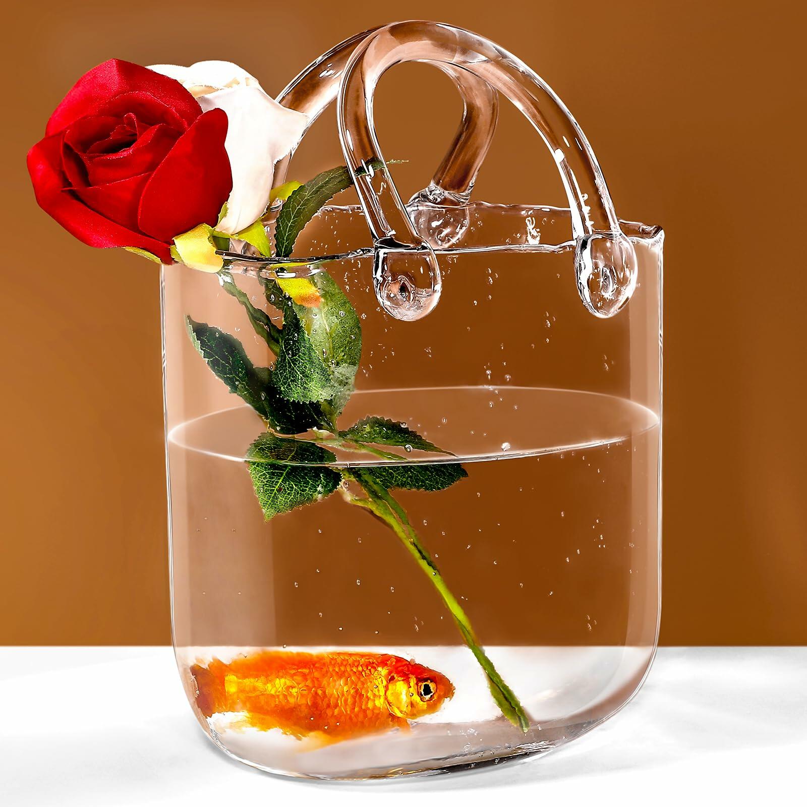 Veri Beond Glass Purse Vase Handmade Clear Transparent Handbag Flower Vase