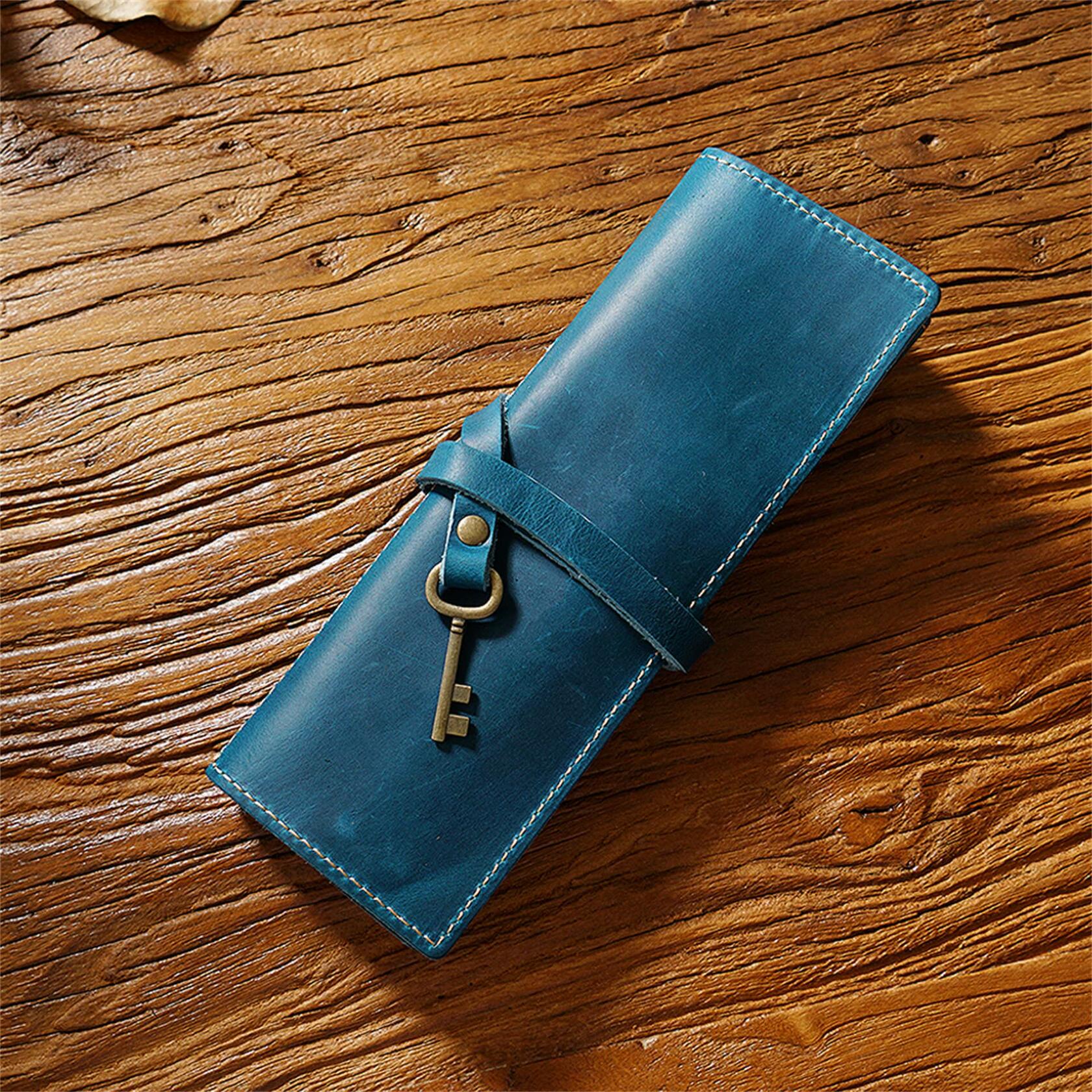 AIGUONIU Genuine Leather Rollup Pencil Case Pouch Wrap Red