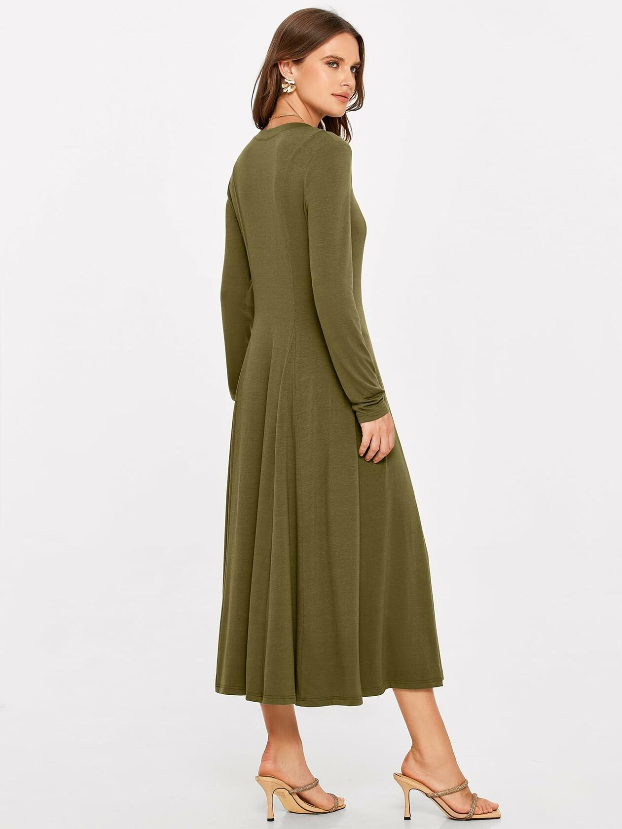 Glamaker Womens Long Sleeve Button Down Fit & Flare Dress Army Green Size L