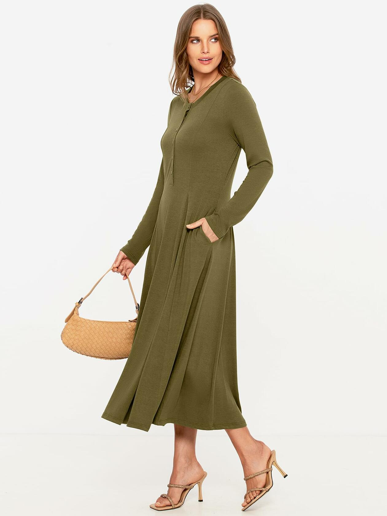 Glamaker Womens Long Sleeve Button Down Fit & Flare Dress Army Green Size L