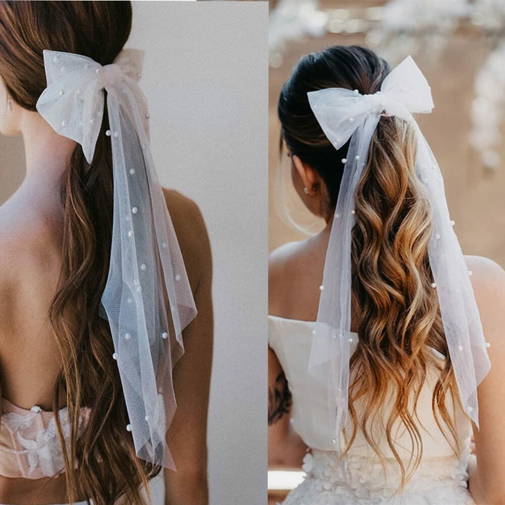 AKOAK White Bow Pearl Hairpin Wedding Tiara Hair Ornament 1 Pack