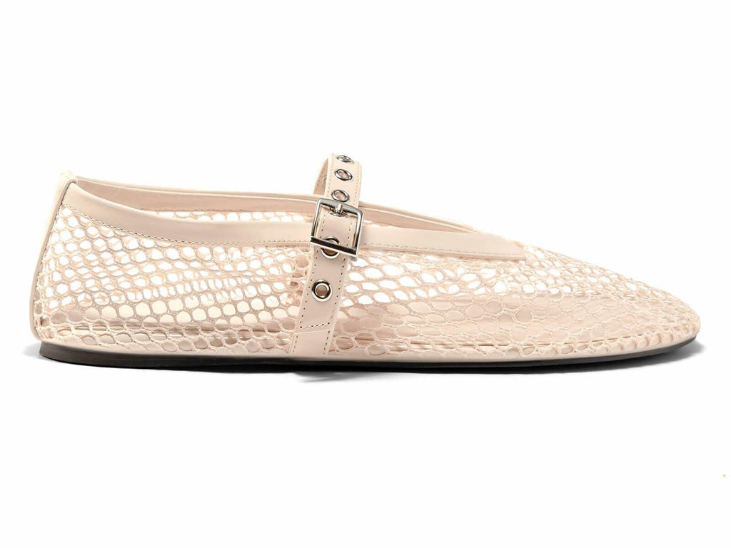 Coutgo Womens Mesh Ballet Flats Mary Jane Fishnet Ballerina Buckle Nude OPEN BOX
