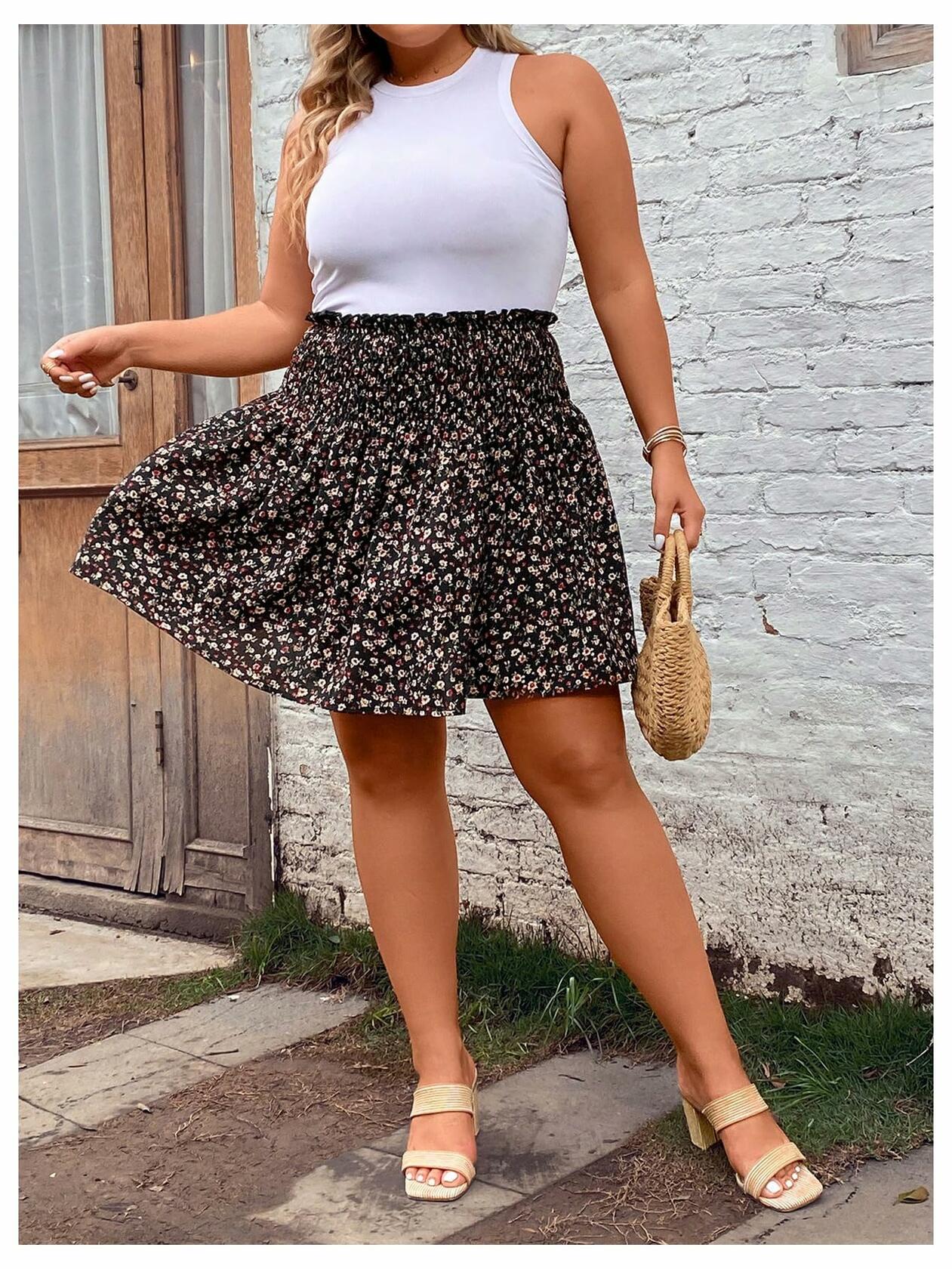 MakeMeChic Plus Size Mini Skirt Ditsy Floral Frill Trim A Line Multicolor 3XL