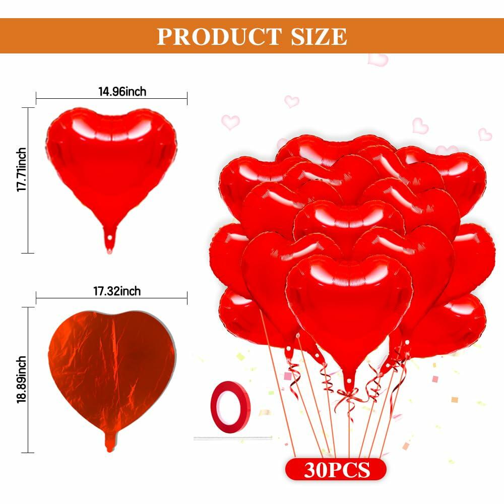 30 Pcs 18" Red Heart Foil Balloons w/ Ribbon for Party & Wedding
