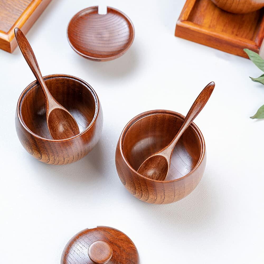 YMYL Natural Wood Spice Jar Set with Base Salt Pepper Sugar Container Spoon