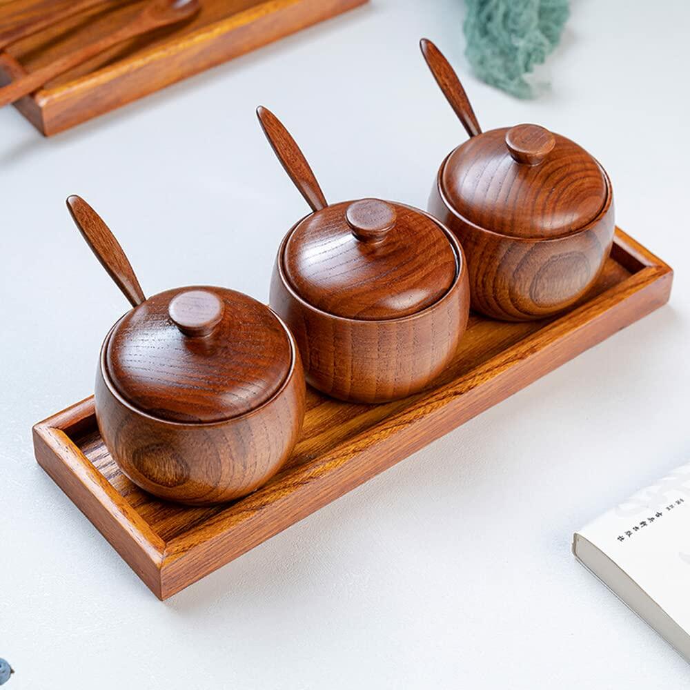 YMYL Natural Wood Spice Jar Set with Base Salt Pepper Sugar Container Spoon