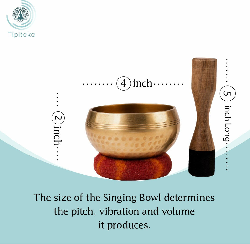 Tipitaka Tibetan Singing Bowl 4" Bronze Hand-Hammered Meditation Yoga Set