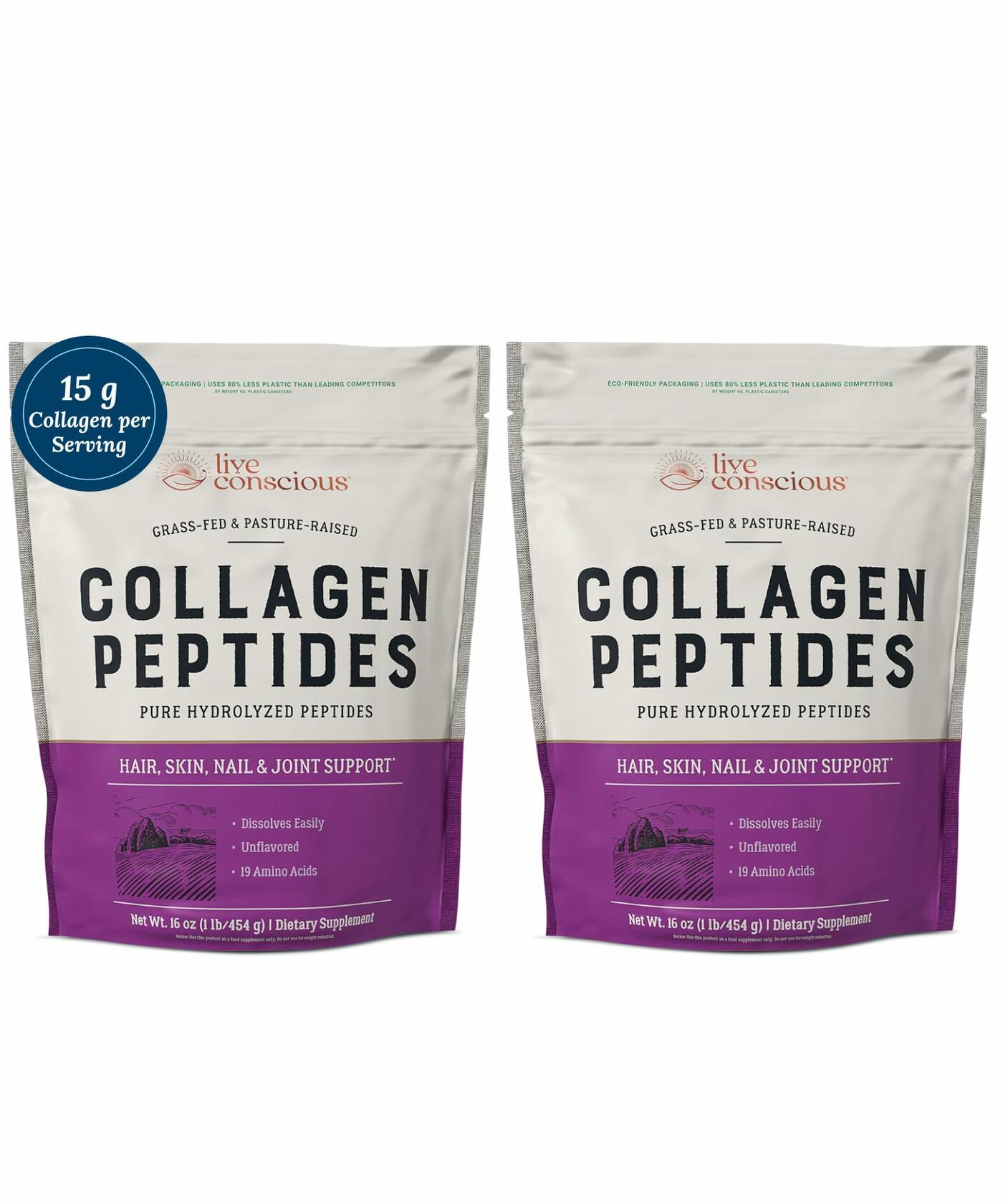 Live Conscious Collagen Peptides Powder 16oz 2-Pack Hair Skin Nail Joint Support