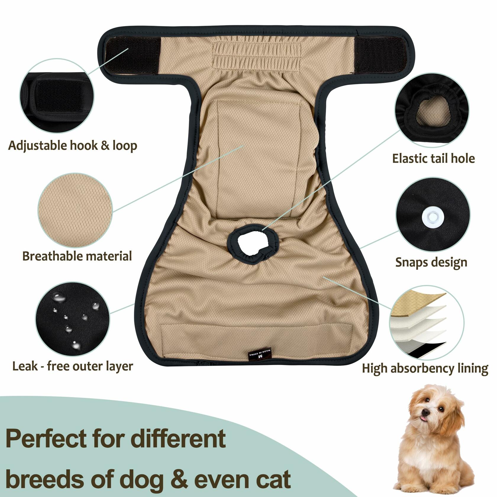 Grecle Washable Female Dog Diapers - Reusable, Adjustable, Absorbent, L