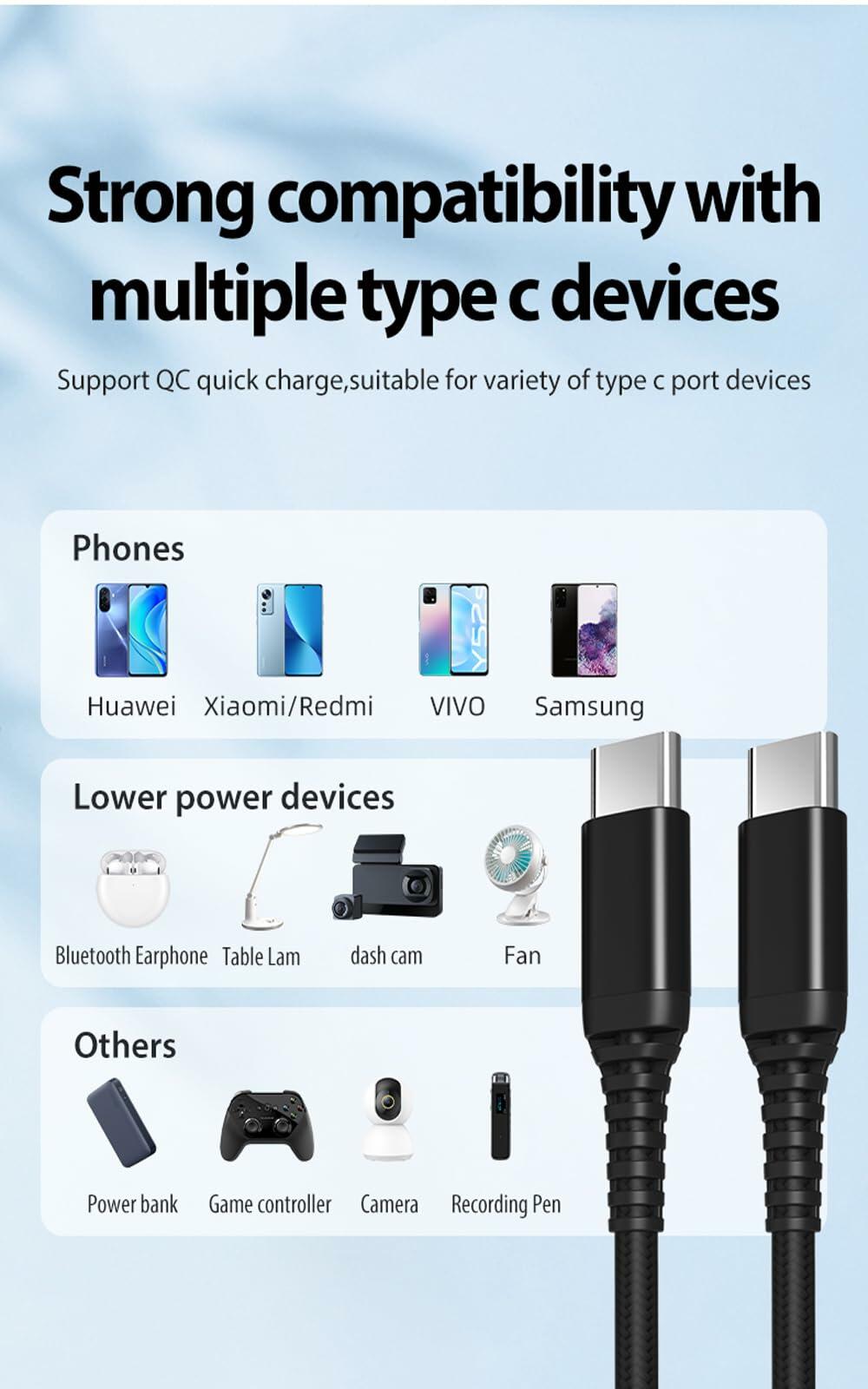 tekSonic 5 Pack USB-C Cable 3.1A Fast Charging PD Type-C to C 3–10ft