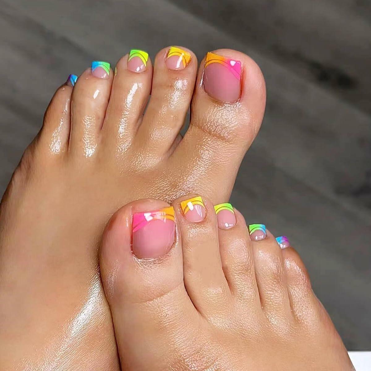AZTSYT 24Pcs French Tip Toe Nail Press Ons Pink Short Square Acrylic