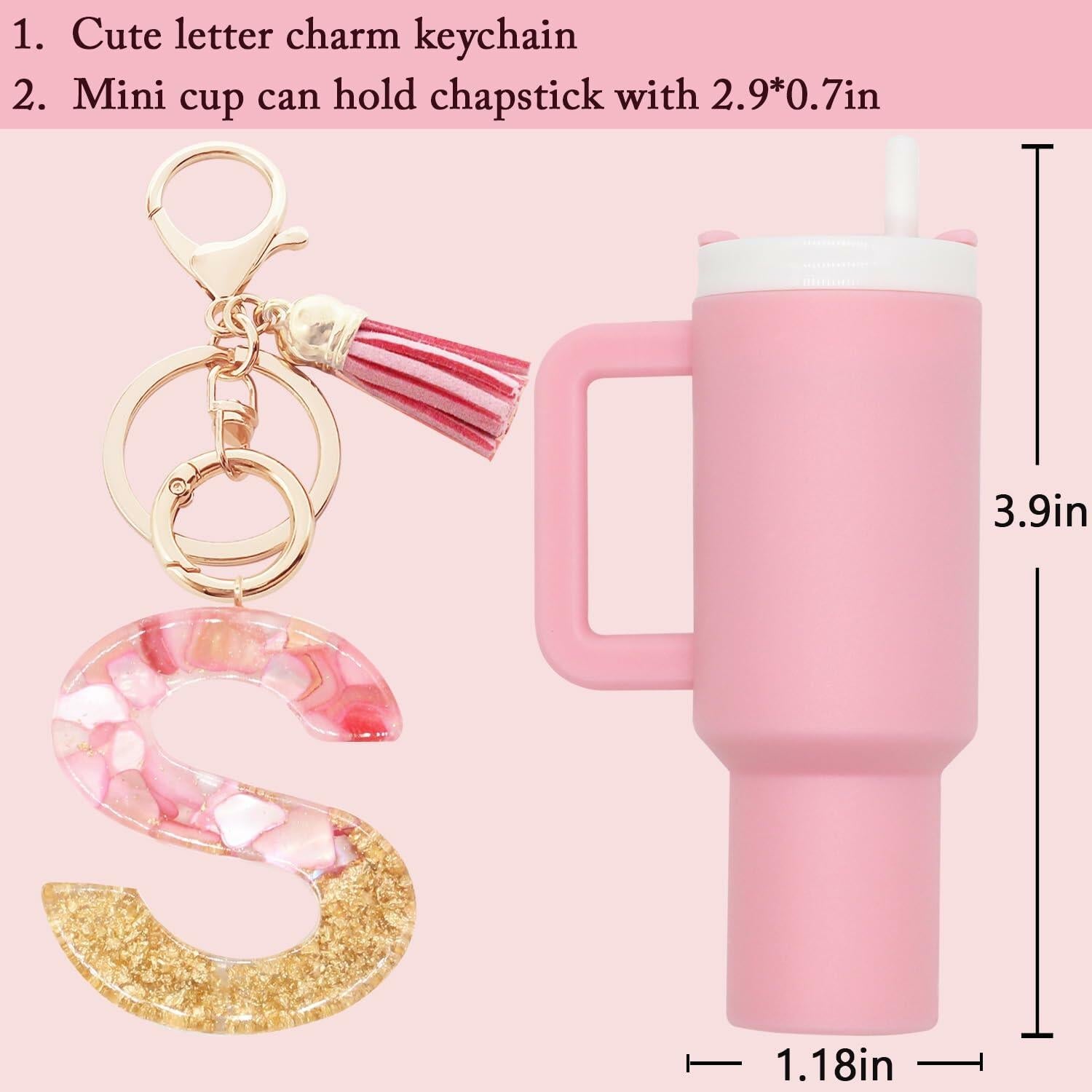 Wabogove Mini Tumbler Keychain Chapstick Holder Letter S Pink Small