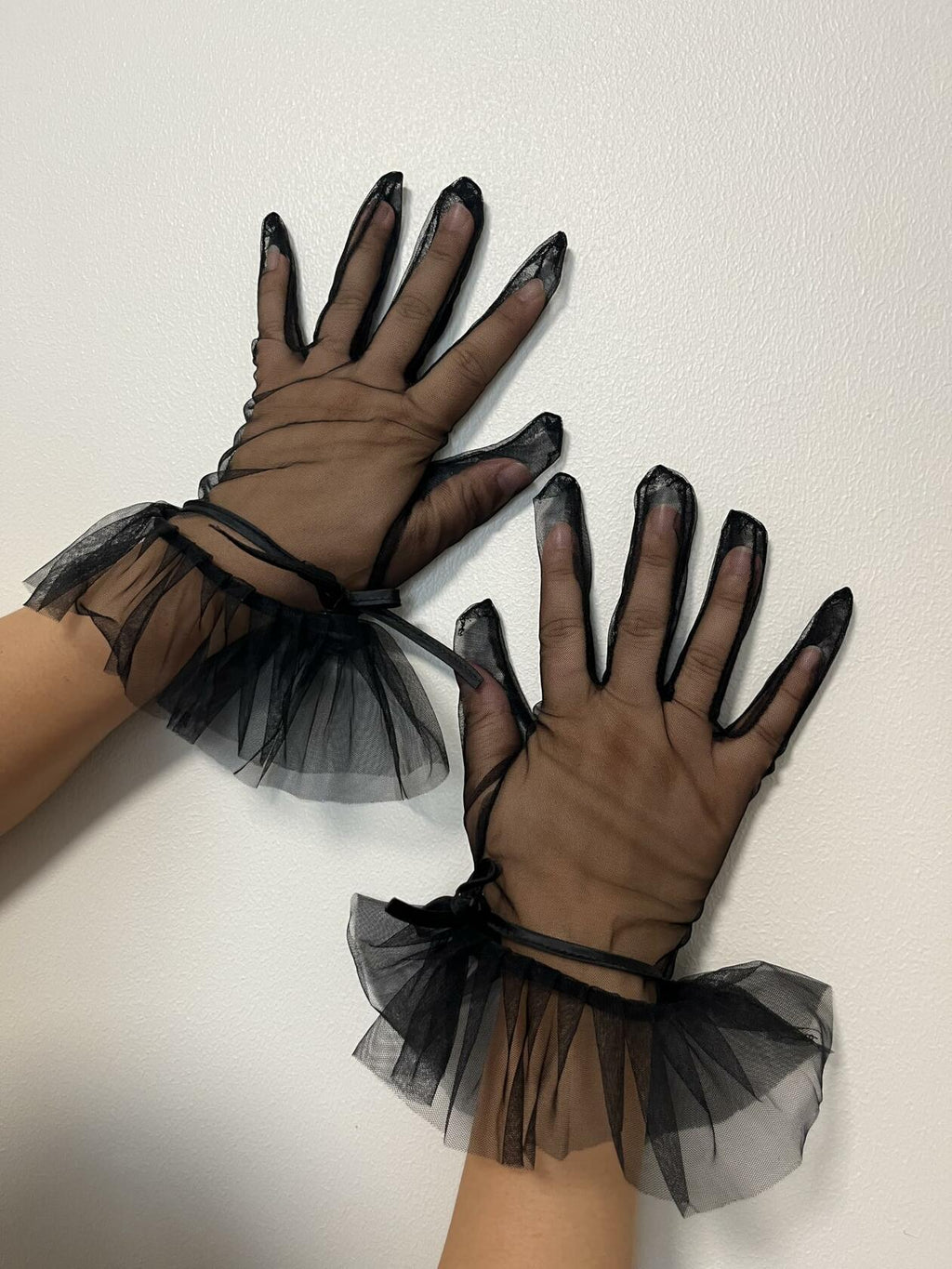 Women’s Ruffled Bow Mesh Wrist Gloves Tea Party Wedding Black