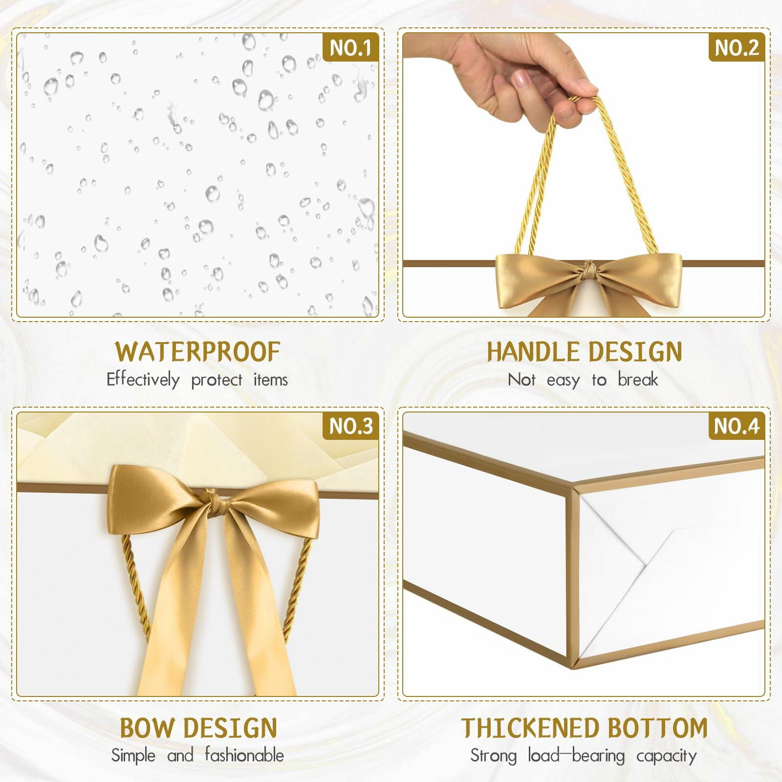 2PCS Medium Gift Bags with Tissue Paper Handle Bow Ribbon Golden White
