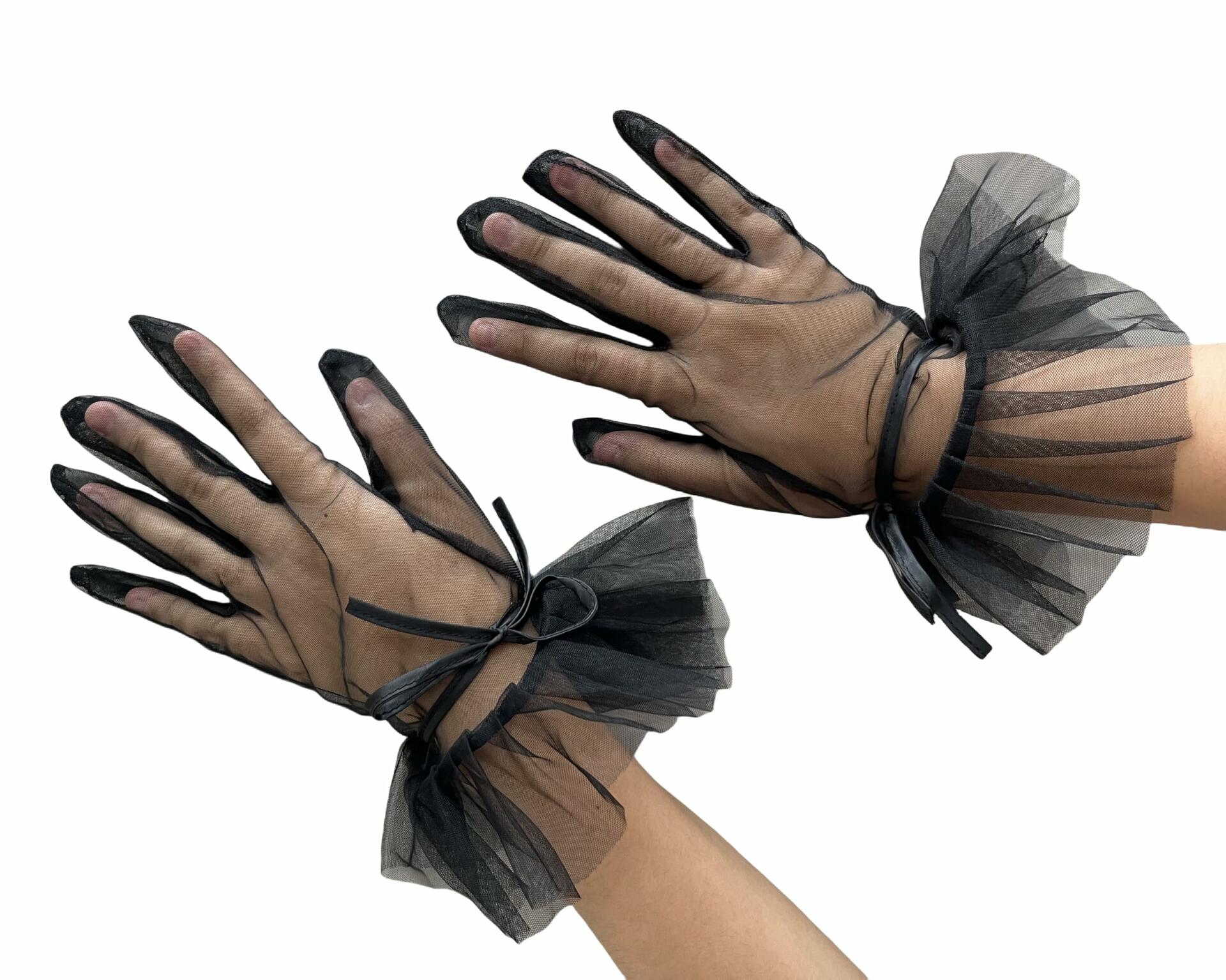 Women’s Ruffled Bow Mesh Wrist Gloves Tea Party Wedding Black