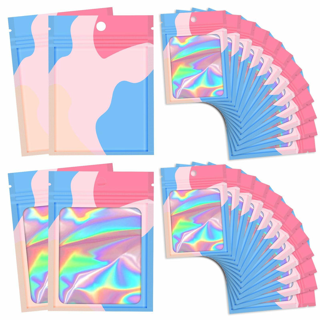 100pcs Holographic Mylar Zip Bags 6.3x9.4” Clear Window Resealable