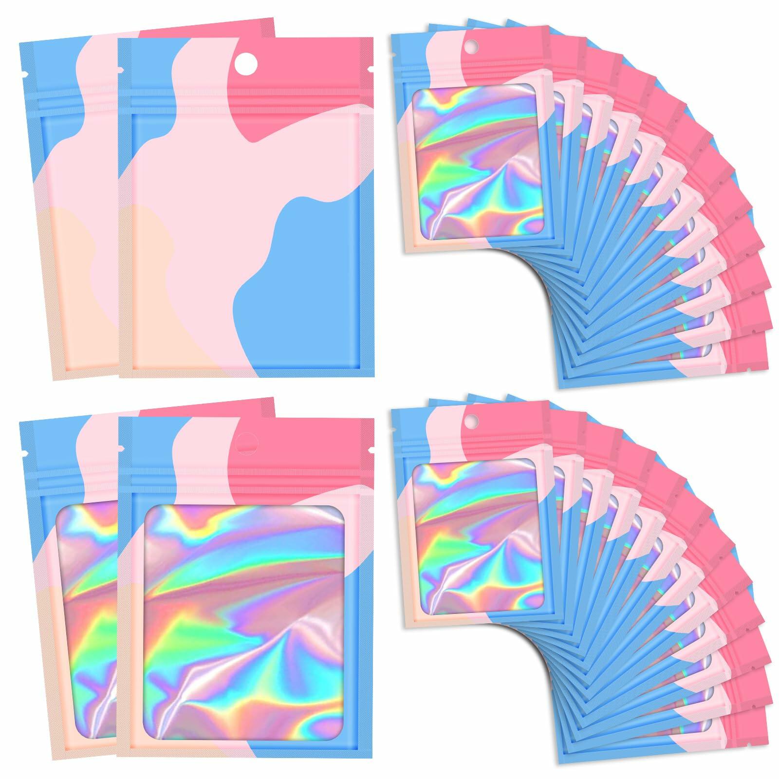 100pcs Holographic Mylar Zip Bags 6.3x9.4” Clear Window Resealable