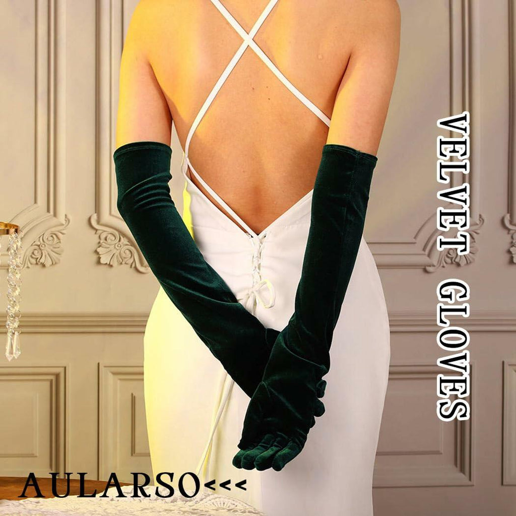 Aularso Long Opera Gloves Green Velvet 1920s Flapper Evening Accessories