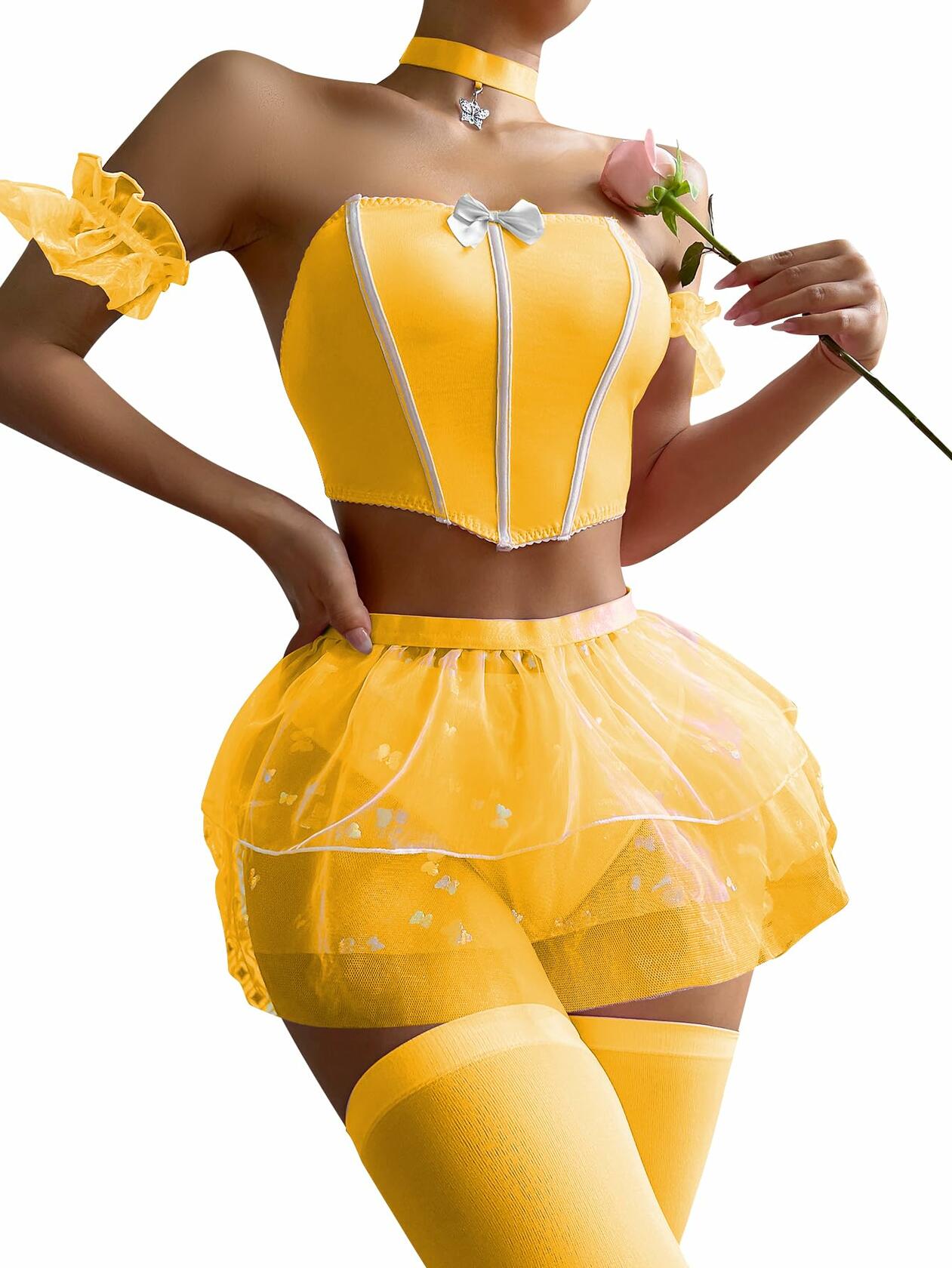 OYOANGLE Women’s 6-Piece Babydoll Lingerie Set with Stockings Yellow L
