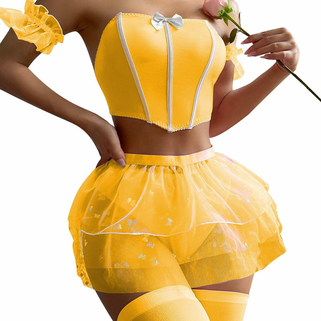 OYOANGLE Women’s 6-Piece Babydoll Lingerie Set with Stockings Yellow L