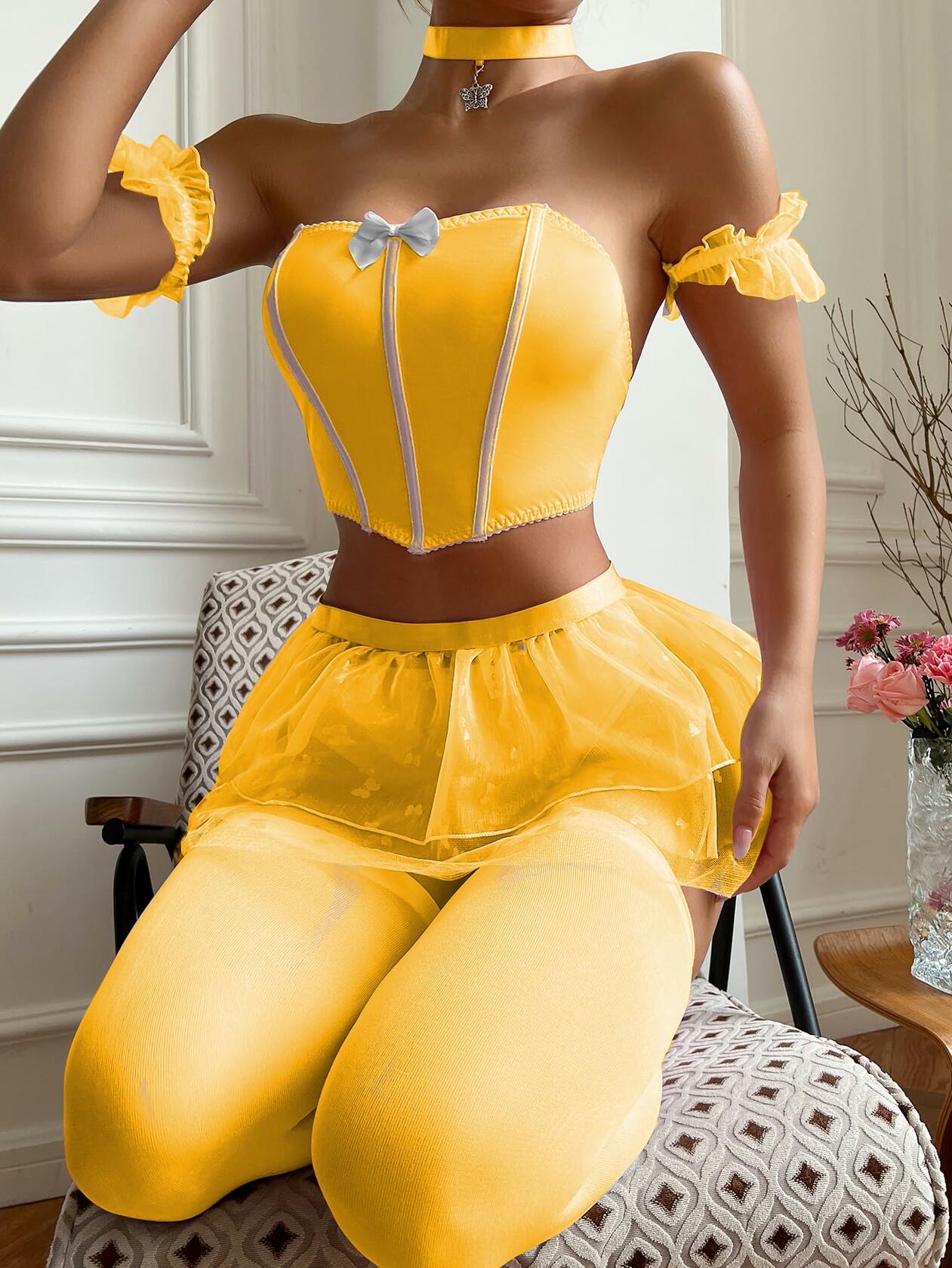 OYOANGLE Women’s 6-Piece Babydoll Lingerie Set with Stockings Yellow L