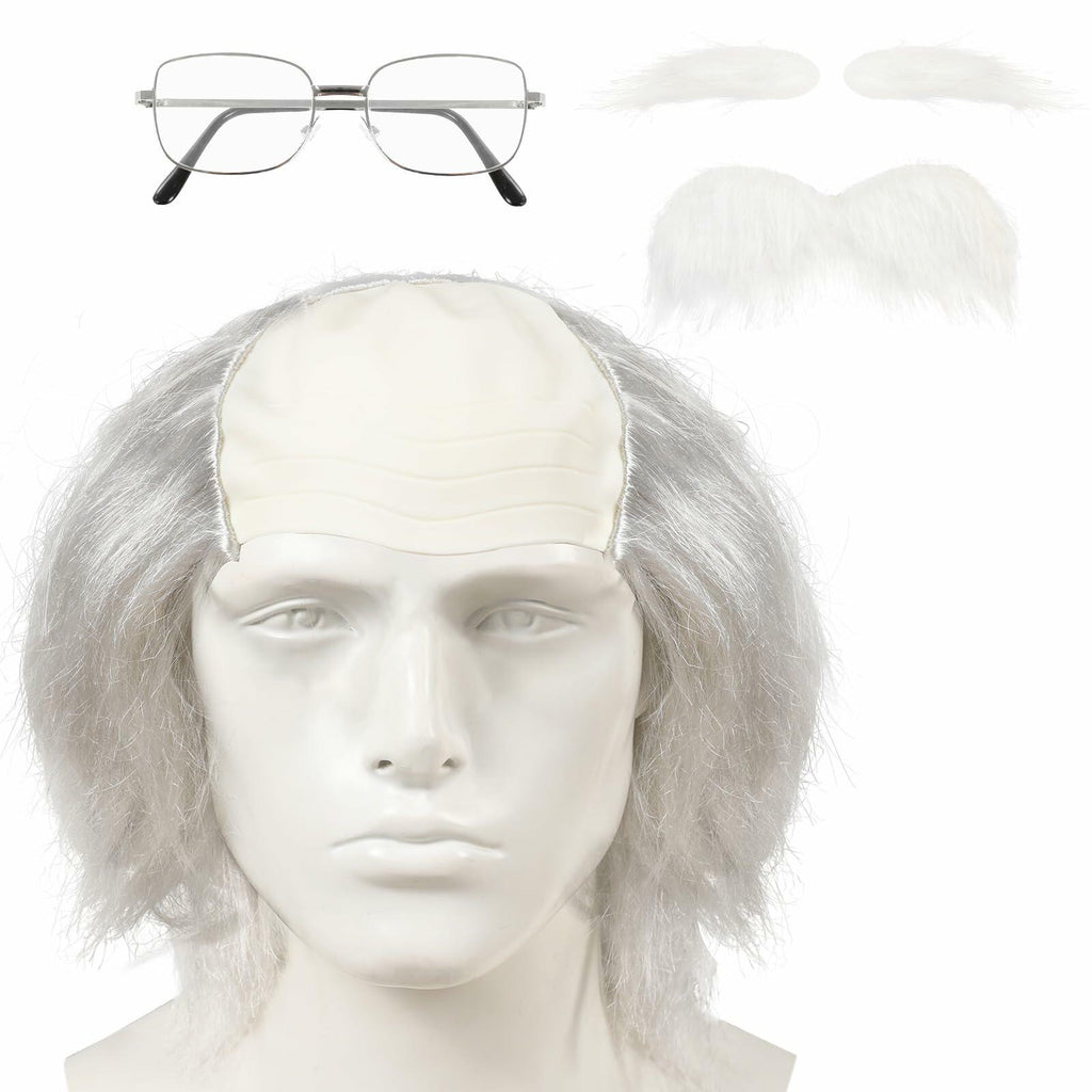 WEFONLLICOS Old Man Bald Cap Wig White Hair Grandpa Mustache Eyebrows Glasses
