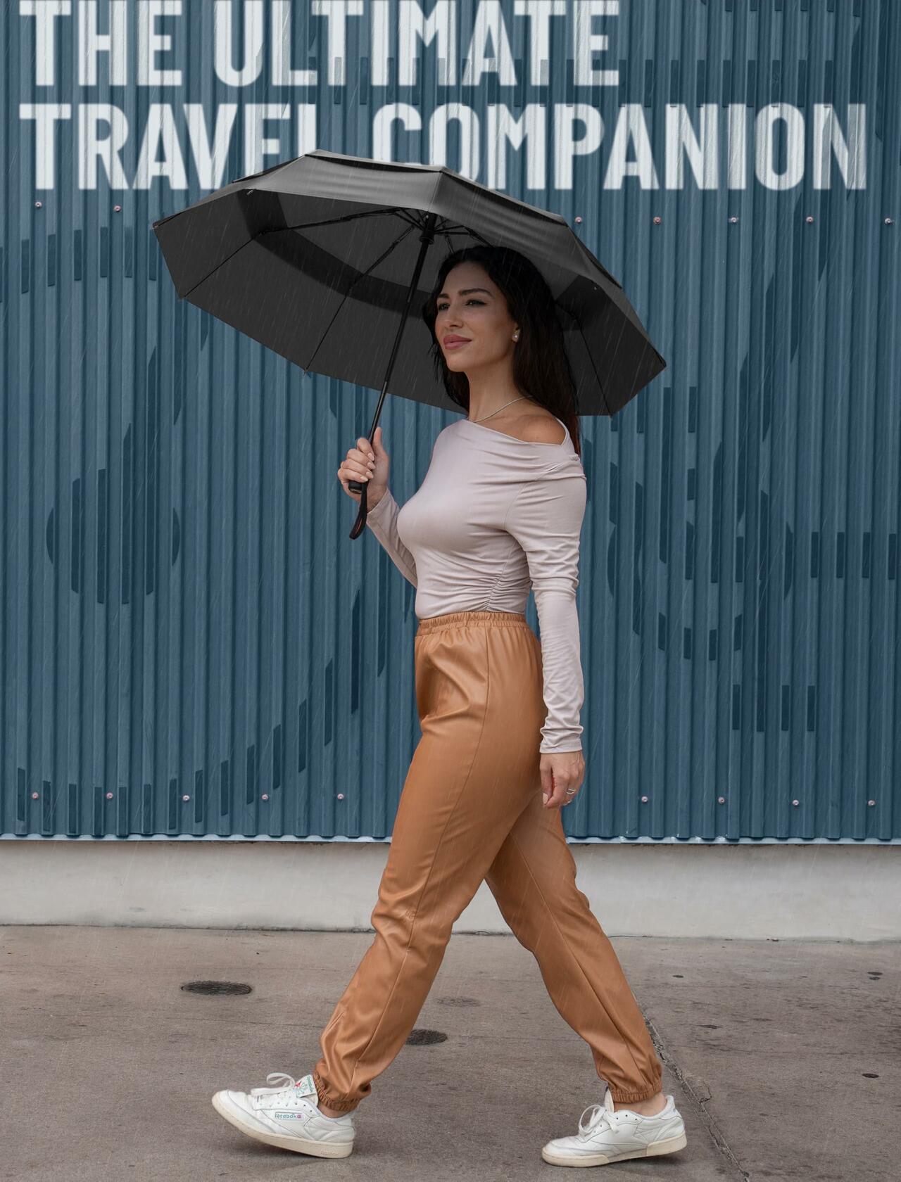 Windproof Travel Umbrella Auto Open Compact Strong Folding Rain Sun