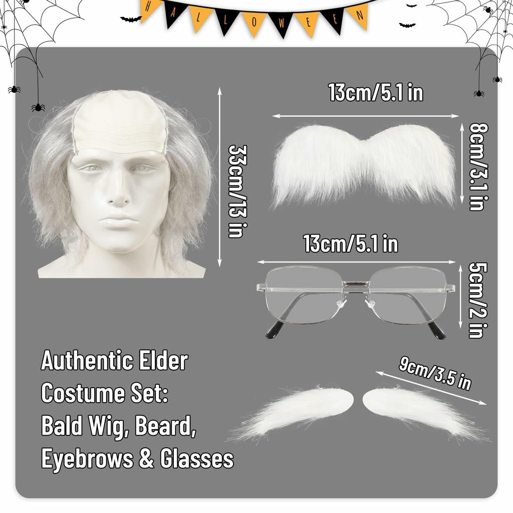 WEFONLLICOS Old Man Bald Cap Wig White Hair Grandpa Mustache Eyebrows Glasses