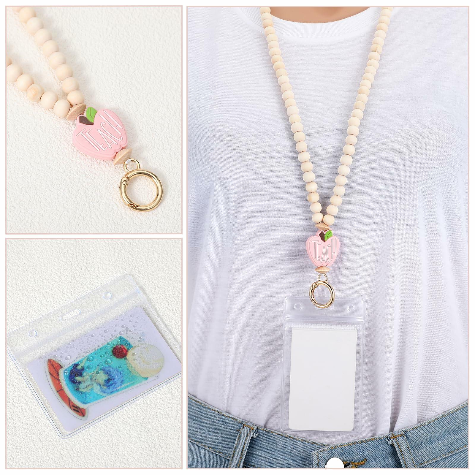 Bremorou Teacher Lanyard with ID Holder, Pink Wooden Beaded Boho Tassel