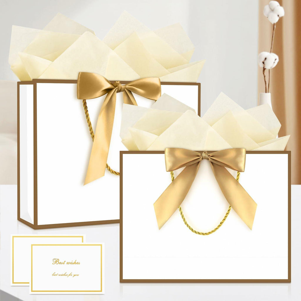 2PCS Medium Gift Bags with Tissue Paper Handle Bow Ribbon Golden White
