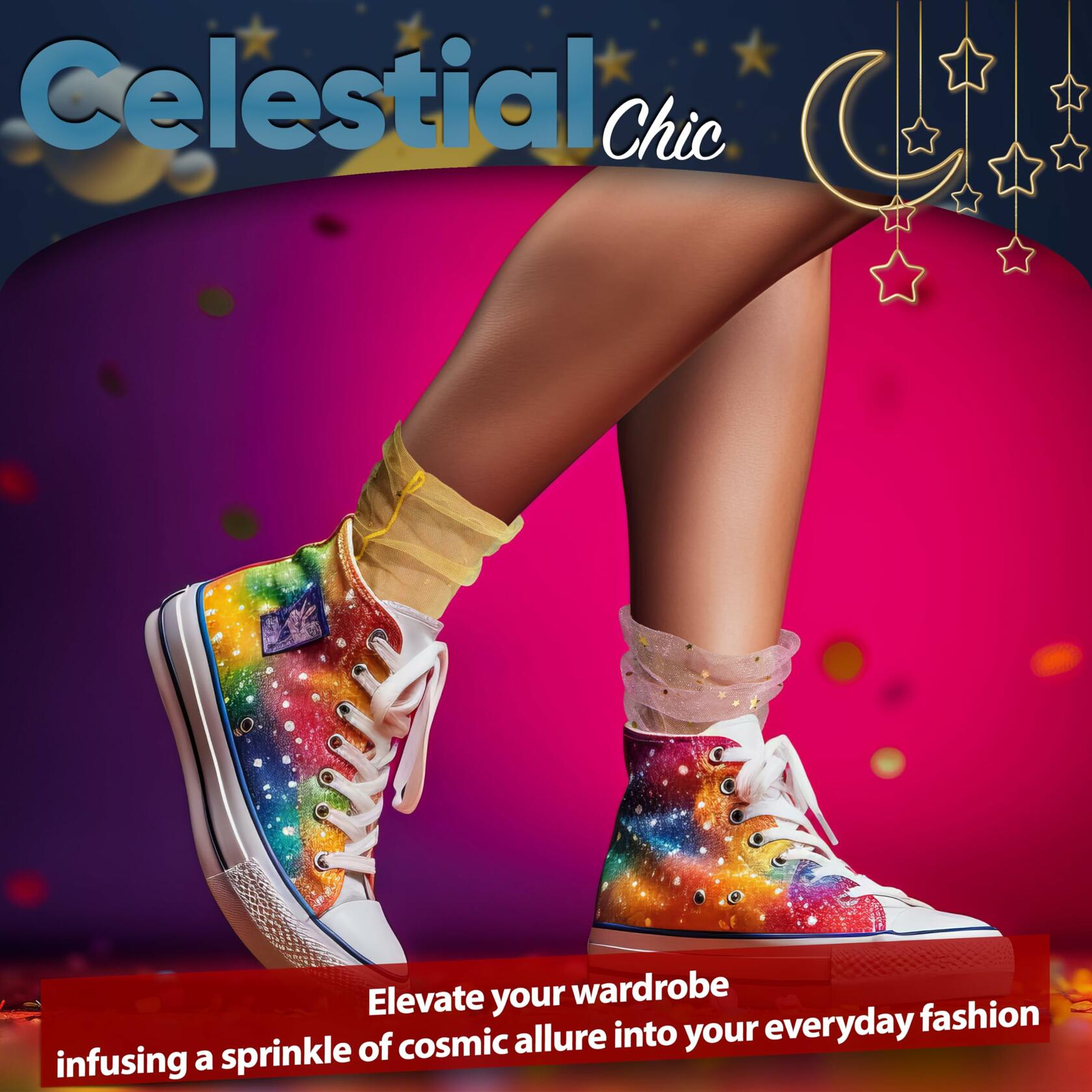 AVIAN LEGS Women Sheer Slouch Tulle Socks with Glitter Stars & Moon, 1 Pair