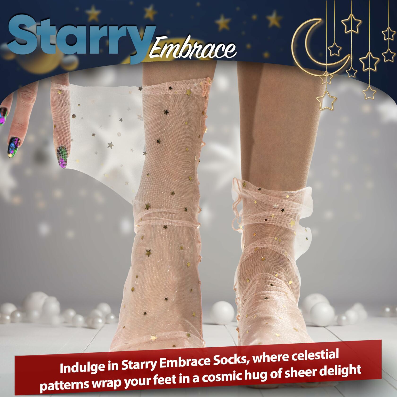 AVIAN LEGS Women Sheer Slouch Tulle Socks with Glitter Stars & Moon, 1 Pair