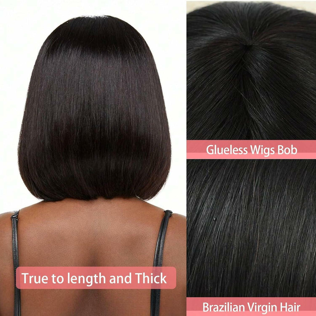 LESLY Natural Black Bob Human Hair Wig with Bangs Elegant Re-Stylable