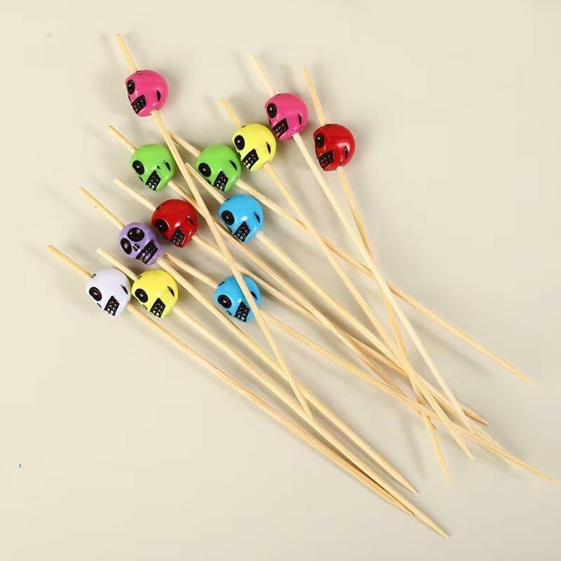 50 Skull Christmas Cocktail Picks Bamboo 4.7in Holiday Appetizer Skewers