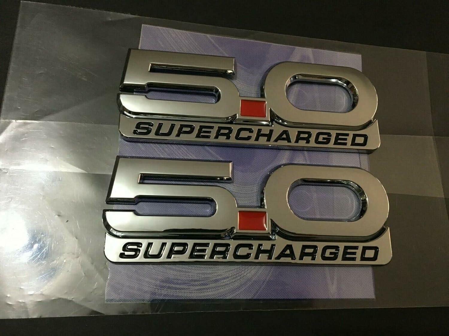 2Pcs 5.0 Supercharged 3D Metal Fender Emblem Badge Decals Mustang 2015-2020
