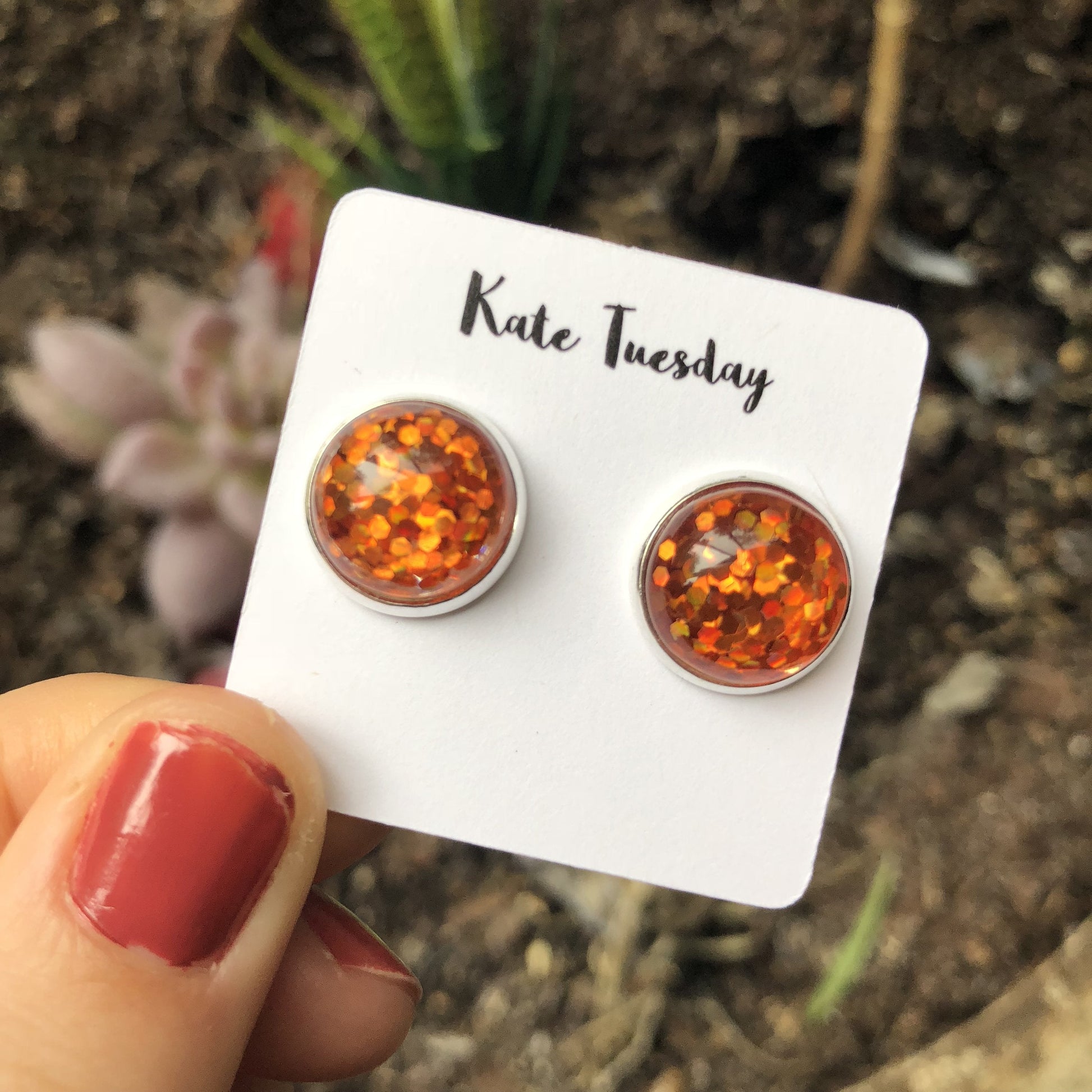 Orange Glitter Stud Earrings Hypoallergenic Sparkle