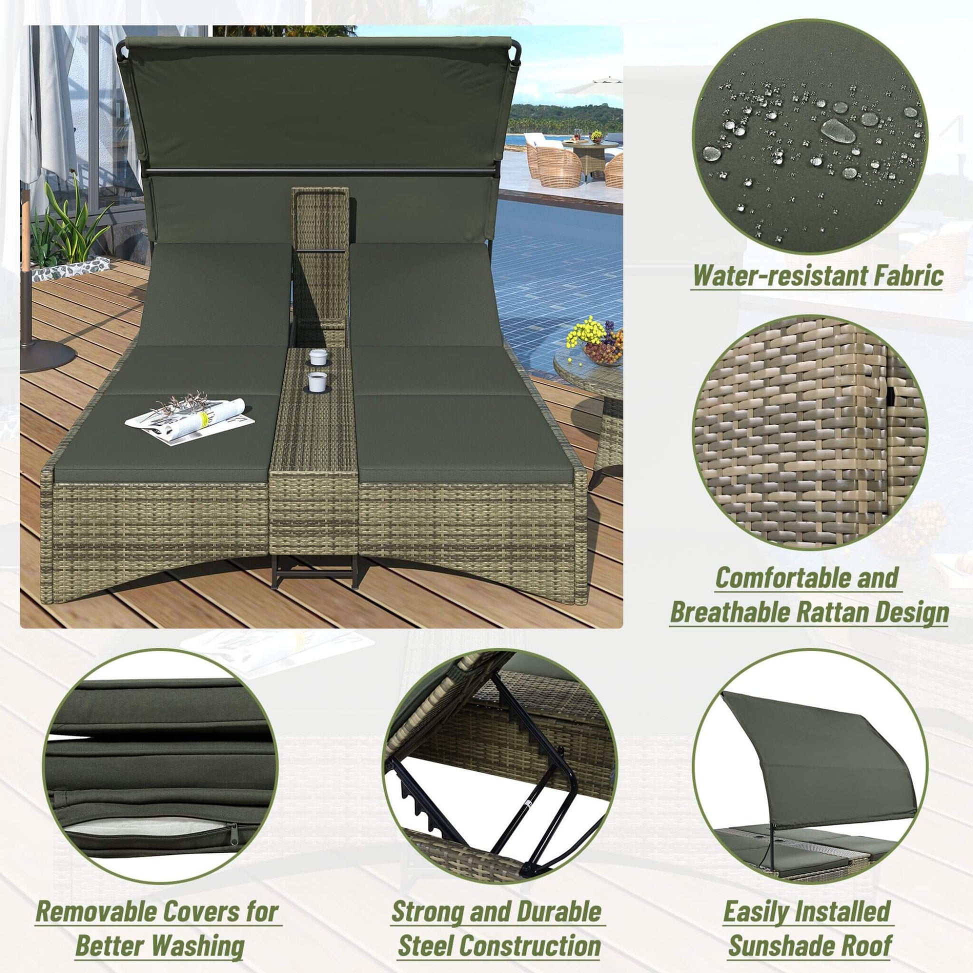 Alora Outdoor Rattan Patio Daybed With Adjustable Backrest, Canopy Roof, Storage Box And Cup Holders (SAK54220)