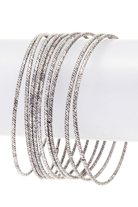 Oval Stone Bangle Set Silver Textured Stackable Bracelets