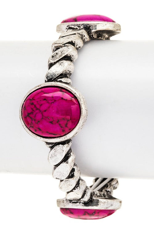 Oval Stone Stretch Bracelet Pink Howlite Cabochon Silver