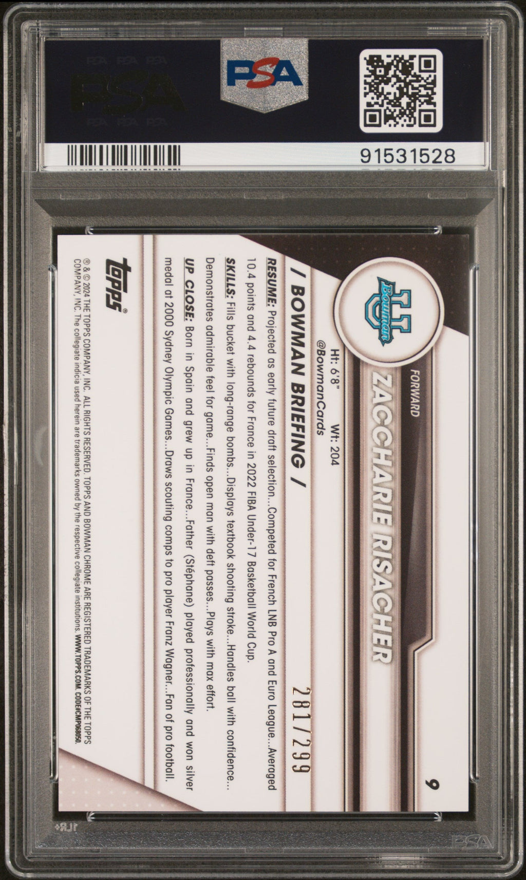 Graded 2023 Topps Bowman U Chrome Zaccharie Risacher #9 Aqua Wave #/299 Rookie RC Basketball Card PSA 10 Gem Mint
