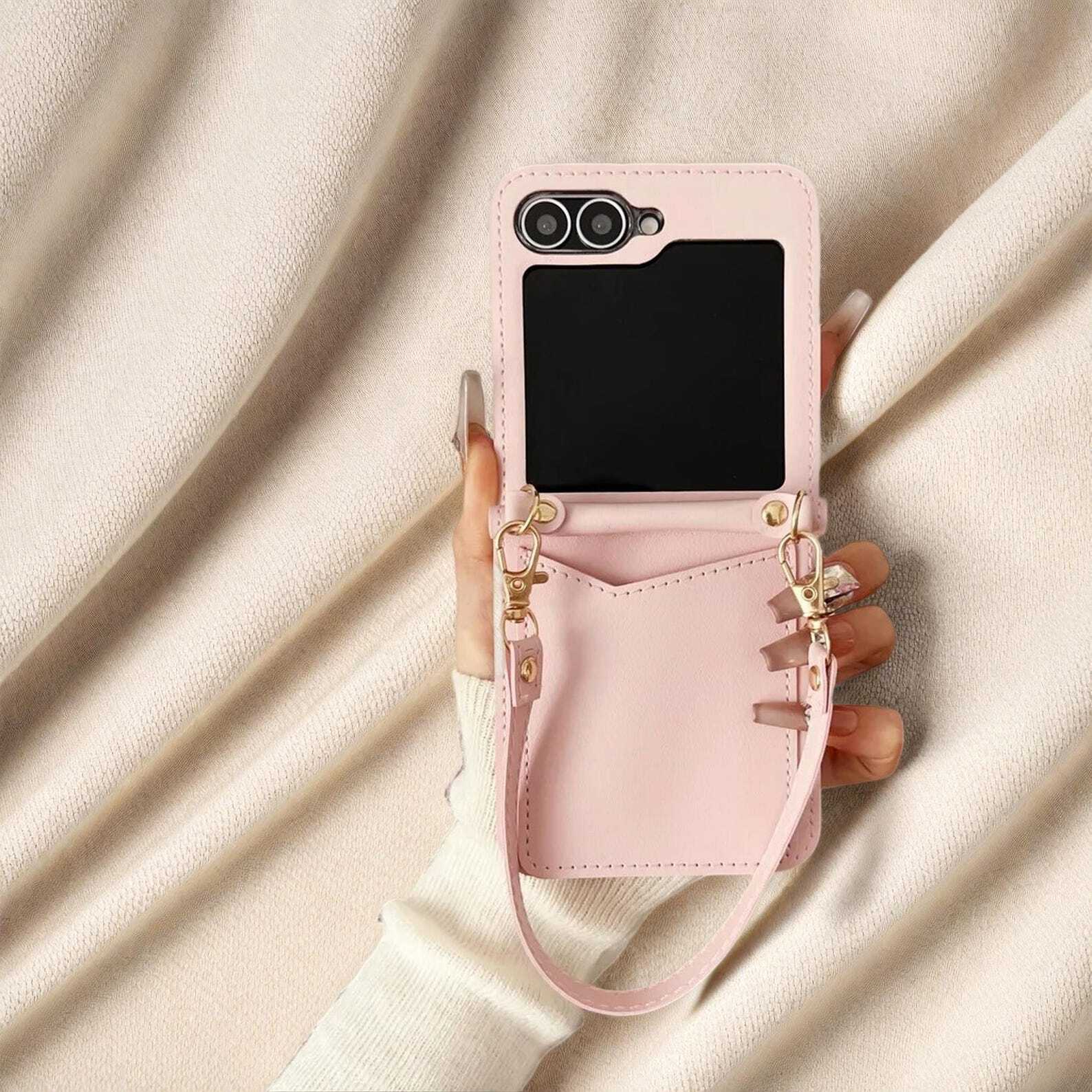 Luxury Leather Card Holder Case for Samsung Galaxy Z Flip 3 4 5 6 | Wrist Strap Folding Wallet Cover with Solid Color Design