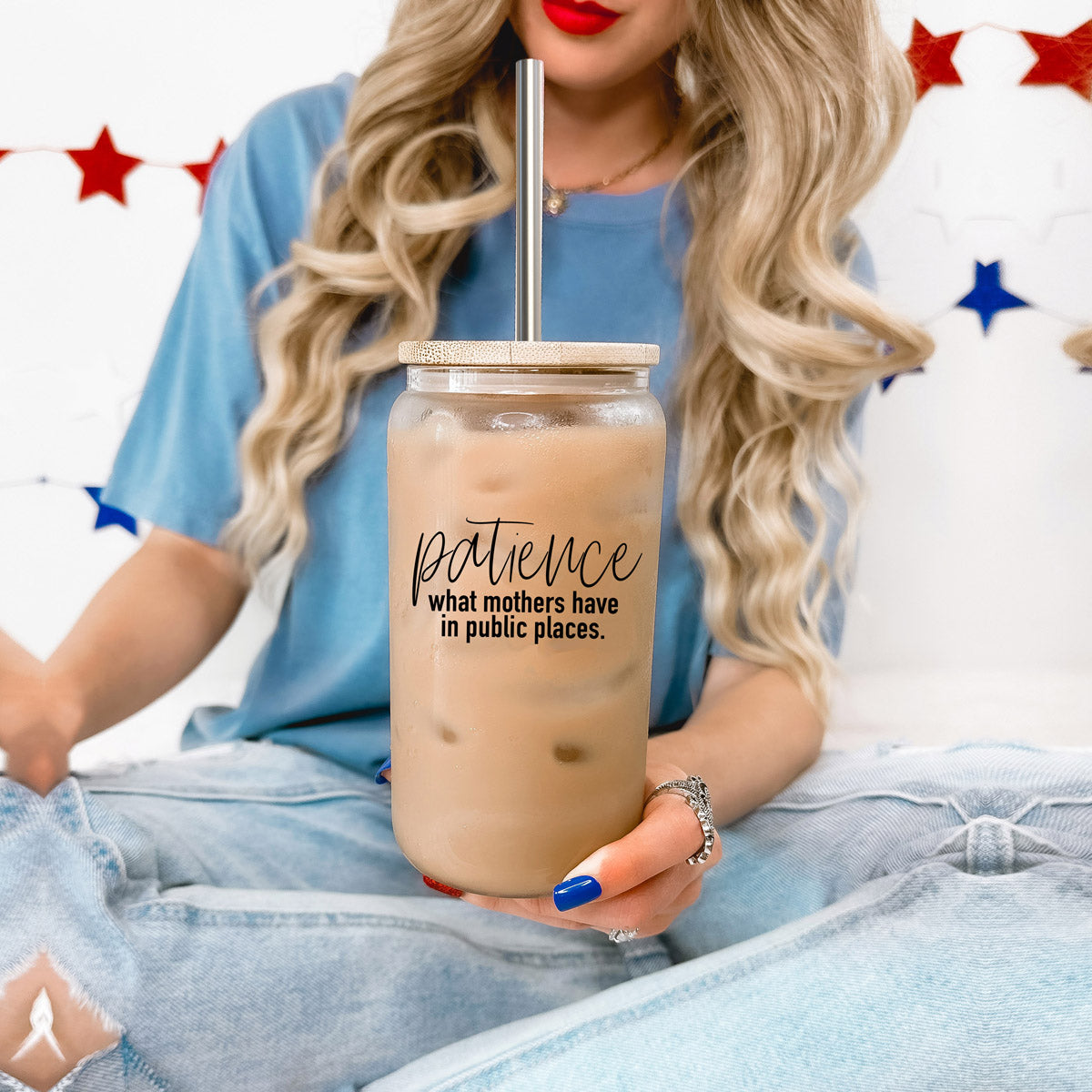 17oz Glass Tumbler With Bamboo Lid And 2 Stainless Straws, Mom Humor